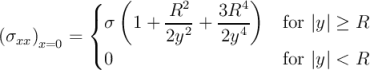            (   (               )
           {         R2    3R4
             σ   1 + 2y2-+ 2y4-    for |y| ≥ R
(σxx)x=0 = (
             0                     for |y| < R
\relax \special {t4ht=